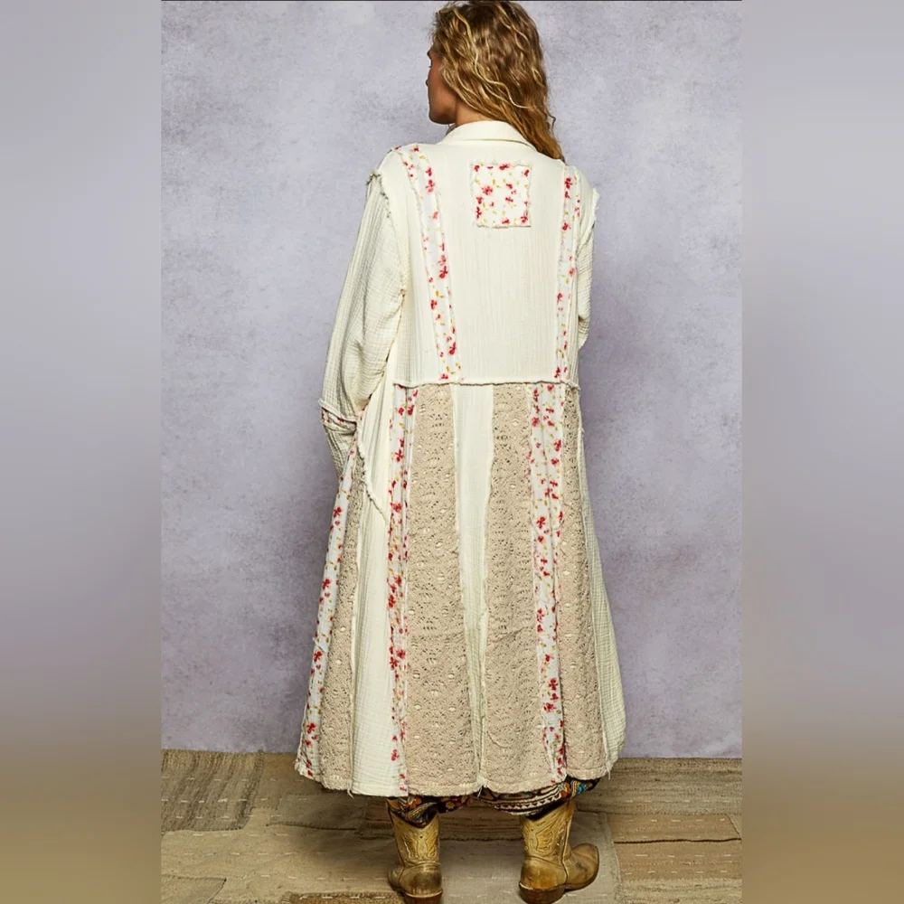 #761 POL Long Jacket In Double Gauze With Floral & Crochet Patchwork - Picture 5 of 5